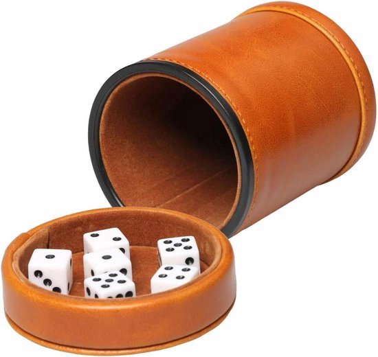 Dice tray Kunstleer Dobbelbeker met Deksel - 6 Dobbels - Fluwelen interieur - Rustig schudden - Boerderij Yahtzee - Board Games - Bruin dice tray