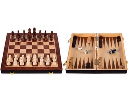 Opklapbare Schaak & Backgammon Set – Houten Schaak- en Backgammonbord van Essenhout – Spelbord 30 x 30 x 5,5 cm – Luxe Reisbord & Draagbare Spelset – 2 spellen in 1 – Engelhart