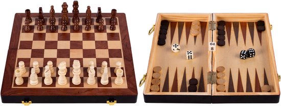 Opklapbare Schaak & Backgammon Set – Houten Schaak- en Backgammonbord van Essenhout – Spelbord 30 x 30 x 5,5 cm – Luxe Reisbord & Draagbare Spelset – 2 spellen in 1 – Engelhart
