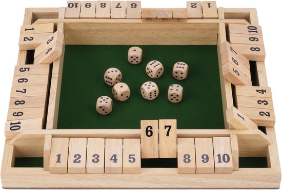 Shut the Box – 4 Spelers – Rubberhouten Bak met Ingelegd Vilt – Inclusief 8 Houten Dobbelstenen – Bordspel 29 x 29 x 3,5 cm – Strategisch Familiespel – Engelhart