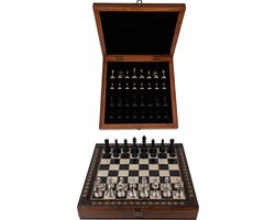 Handgemaakte houten schaakbord met opbergsysteem - Metalen Schaakstukken - Luxe uitgave - Schaakspel - Schaakset - Schaken - Chess - 40 x 40 cm