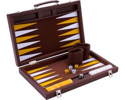 Aurixi® Backgammon Koffer – Luxe Backgammon Set – Lederen Bordspel – Bruin - ‎47cm x 38cm x 1cm