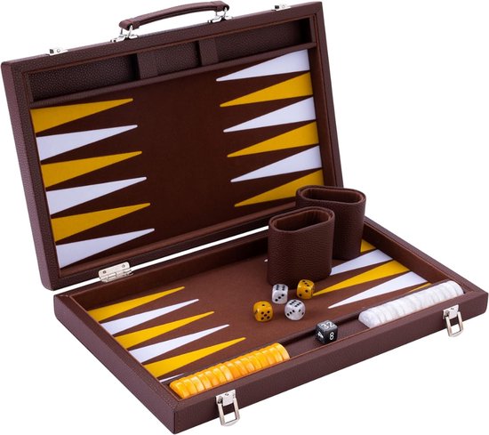 Aurixi® Backgammon Koffer – Luxe Backgammon Set – Lederen Bordspel – Bruin - ‎47cm x 38cm x 1cm