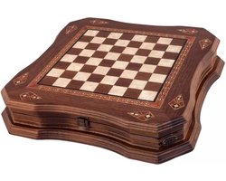 Handgemaakte houten schaakbord met opbergsysteem - Metalen Schaakstukken - Luxe uitgave - Schaakspel - Schaakset - Schaken - Chess - 38,5 x 38,5 cm