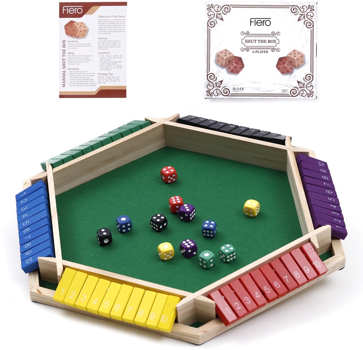 Box, Houten Dobbelspel, Klepspel Flero Shut The - Montessori Tactiek- en Rekenspel voor Grote Groepen, Klassen en Feestjes vanaf 3 Jaar (Meerdere Kleuren))