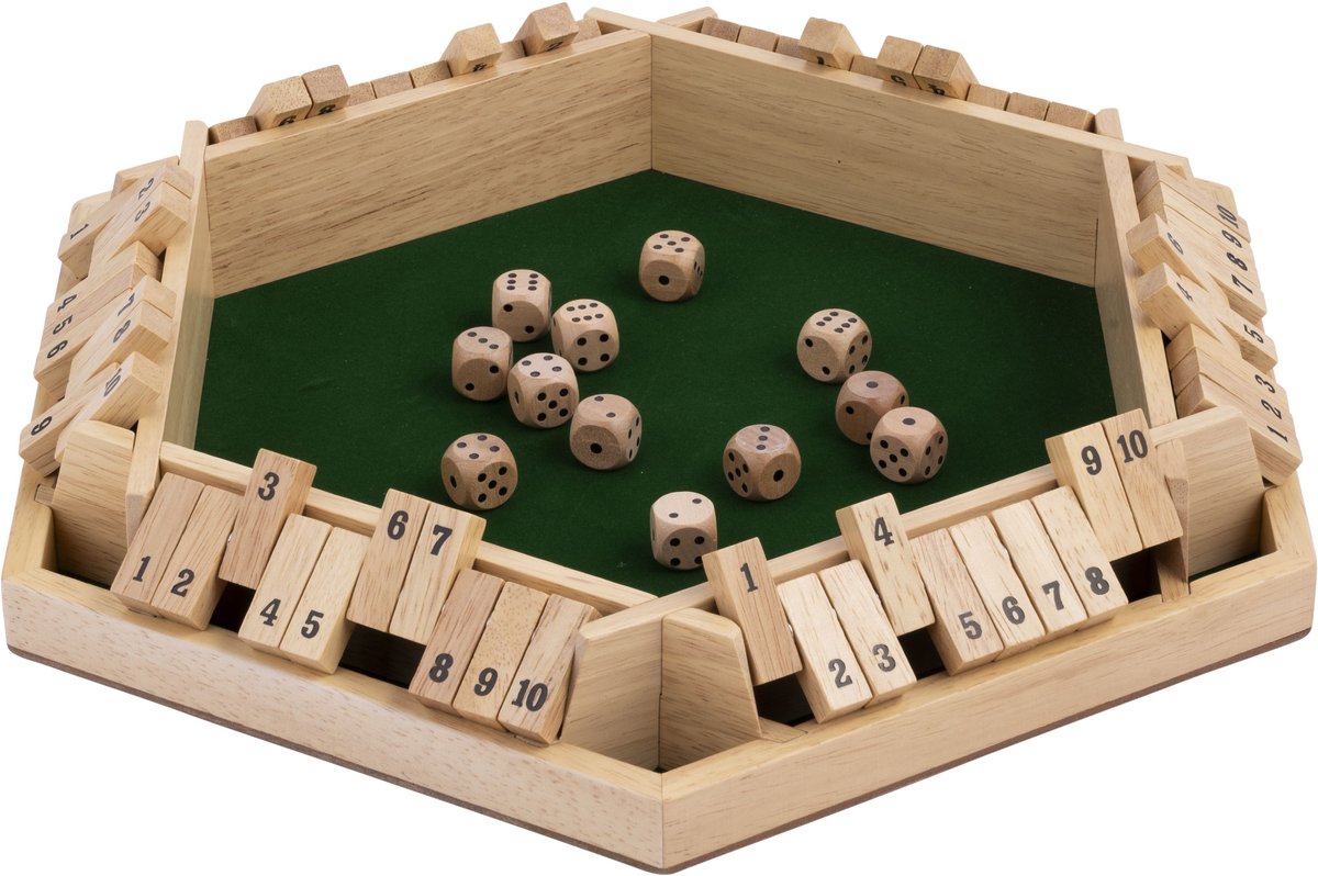 Shut the Box - 6 Spelers - Rubberhout - Groen Vilt - Inclusief 12 Houten Dobbelstenen - Kroegenspel - Engelhart