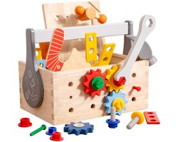 Kerst-speelgoedkist voor kinderen, spel met schroeven en moeren in elkaar zetten voor de vroege educatie, training van de fijne motoriek, houten speelgoed.