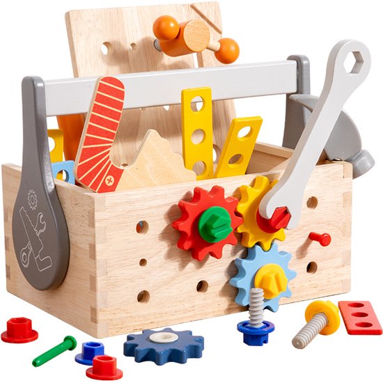 Kerst-speelgoedkist voor kinderen, spel met schroeven en moeren in elkaar zetten voor de vroege educatie, training van de fijne motoriek, houten speelgoed.