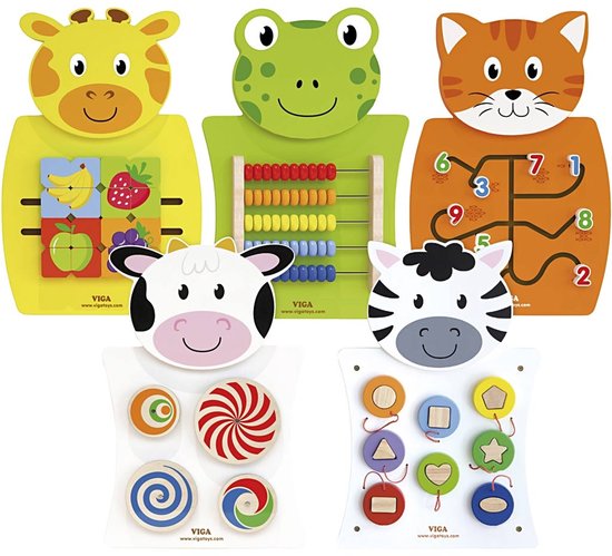 VIGA Activiteitenboard Set van 5 Dieren - Koe, Kat, Kikker, Zebra en Giraf - Educatief Bordspel 36x55 cm voor Kinderen