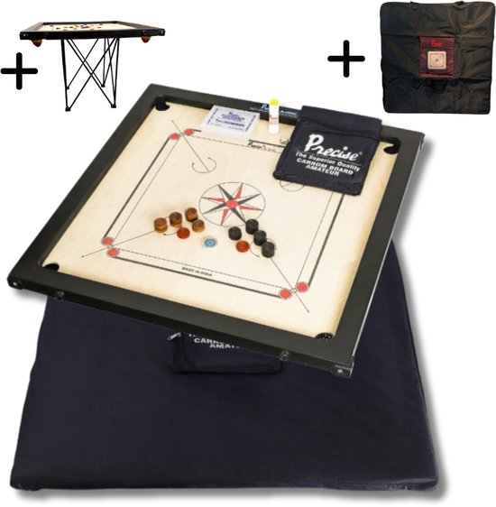 Ama-8 mm Speelveld - 12kgs. 74x74 cm - 82x82cm INDIA made Carrom spel - Origineel Toernooi - inkl. Cover + Tafel + Tas