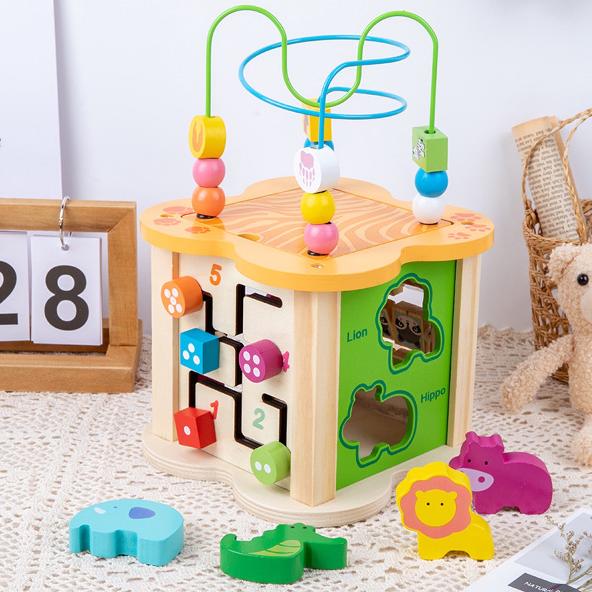 Kerst kinderspeelgoed 6-in-1 kralen doolhof spel doos spel kinderen educatief en vroege kinderjaren multifunctioneel dieren matchend houten speelgoed