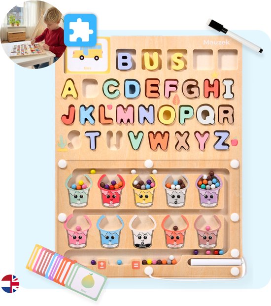 Mauzek® Magnetisch Doolhof Letters en Kleuren – Montessori speelgoed – Houten speelgoed – Sensorisch speelgoed – Alfabet – Activiteitenbord – Motoriek speelgoed – Peuter – Letters – Magneet spel – Jongens – Meisjes – 3 jaar – 4 jaar – 5 jaar – 6 jaar