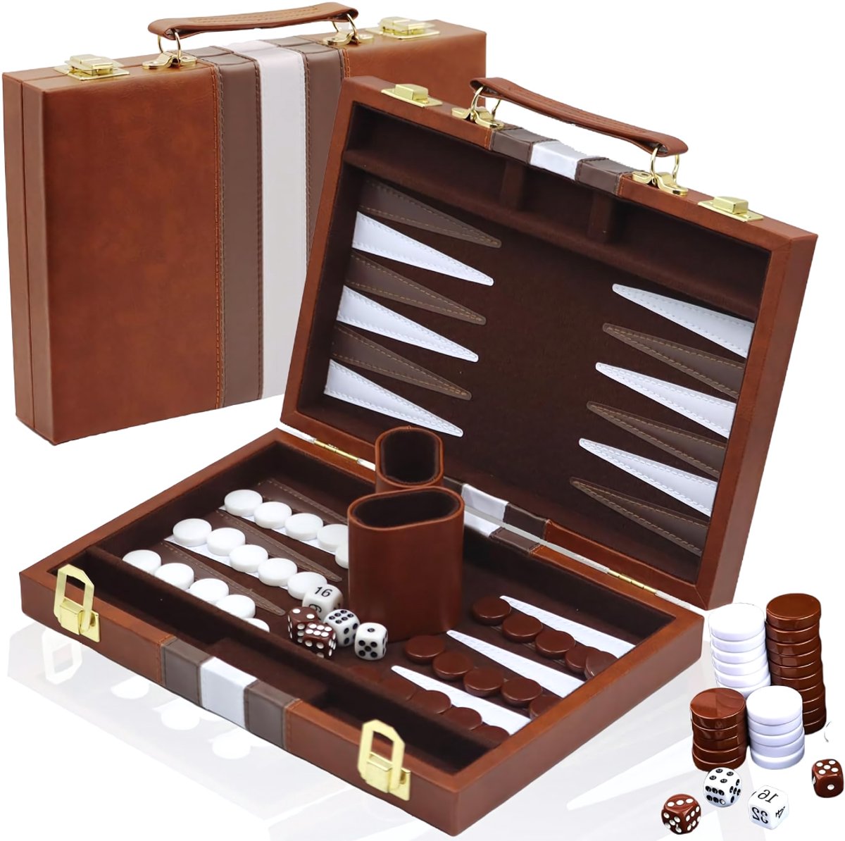 Ploutos® Backgammon - Bordspel - Lederen Hoesje Van Hoge Kwaliteit - Bruin - 29cm x 20cm x 1cm