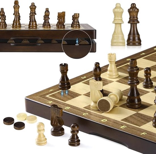 Luxe 2-in-1 Magnetisch Schaakspel van Hout – 38 cm Schaak- & Dambord – Opvouwbaar met Magneetsluiting – Inclusief 2 Extra Koninginnen