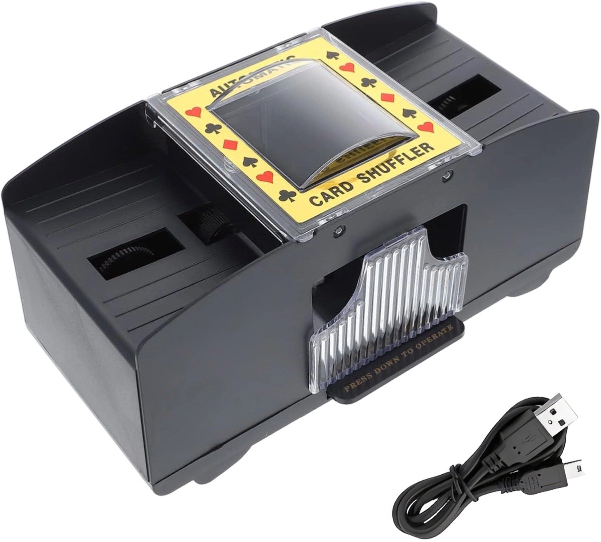 Oplaadbare kaartschudder, elektrische schudder voor twee kaartspellen, automatische pokerschudder, Skyjo, UNO en blackjack-schudder (USB + 4 AA-batterijen, model voor dubbel gebruik, batterijen niet inbegrepen)