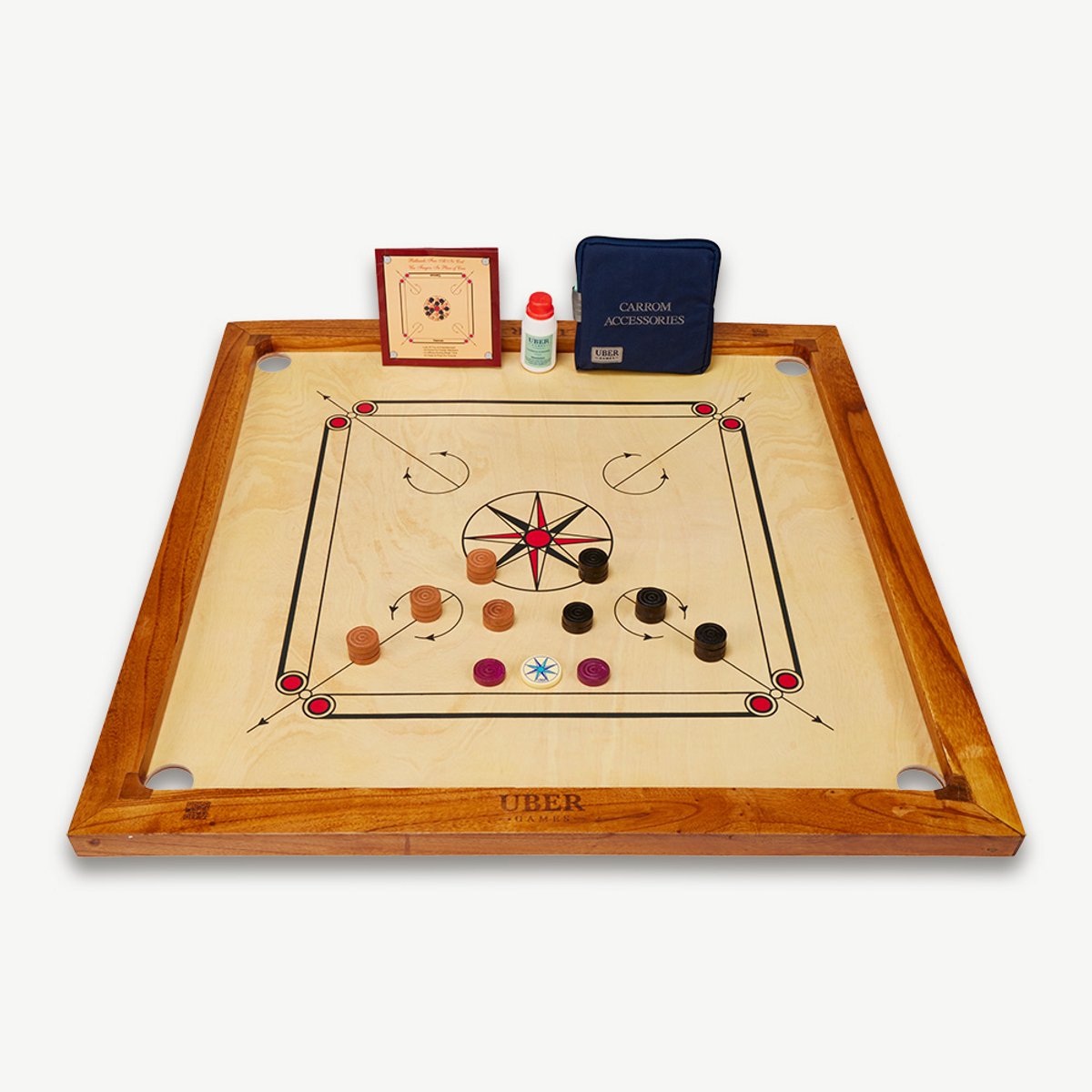 Ubergames Carrom Board Set - 7 KG - 74x74cm - ECO Hardhout - Traditioneel tafelspel