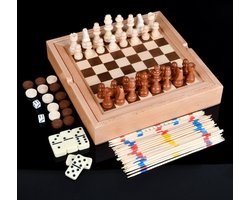 WK 5-in-1 Houten Spelletjes Set – Schaakset - Dammen, Domino, Mikado & Negenpunten – Educatief Tafelspel voor Kinderen – Natuurlijk Dennenhout zonder kleur