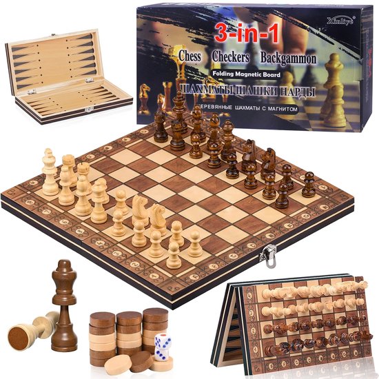 Schaakspel magnetisch houten bordspel 3 in 1, draagbaar vouwbaar spel met dammen en backgammon, familie strategie spel 29x15 cm