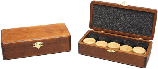 Damstenen blank/zwart in bruin houten klap-kist HOT Games