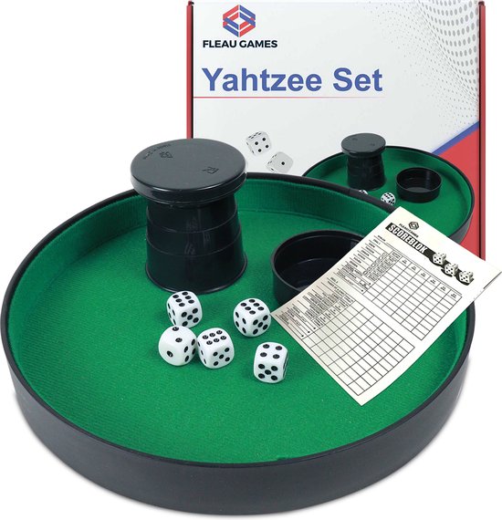 Fleau Games Yathzee set met Scoreblok - Dobbelsteenbak - 100 Scorebladen - Gezelschapsspel - Pitjesbak - Dobbelspel