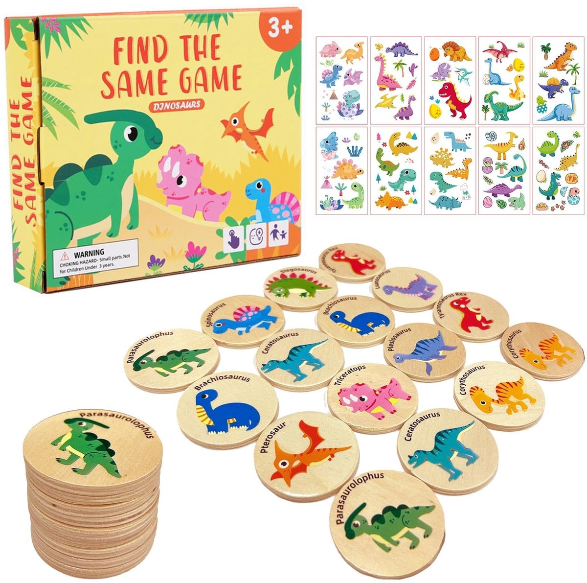 Dailygoods- Geheugenspel Dinosaurussen - Houten Bordspel - 24 Stuks - Montessori Speelgoed - Voor Peuters 3+ - Inclusief 10 Dinosaurusstickers - Memoryspel