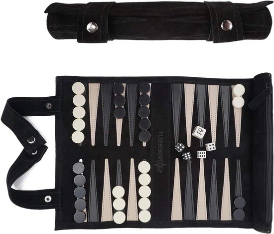 TIM® Backgammon Koffer – Luxe Backgammon Set – Lederen Bordspel – Reisspel Set - Draagbaar – Set Voor 2 Spelers - 35 x 25 cm - Zwart - 26cm x 6cm x 6cm