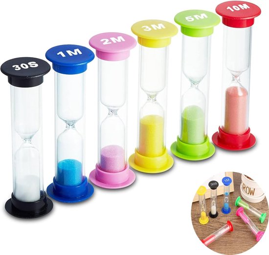 Kleurrijke zandlopers in 6 kleuren, perfect voor timing van 30 seconden tot 10 minuten, ideaal voor spelletjes en kooktijd.