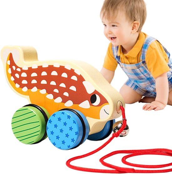 Houten Trek Speelgoed - Loopauto Dinosaurus - Peuterspel Binnen - Milieuvriendelijke Verf - 15.5 x 10.5 x 8 cm
