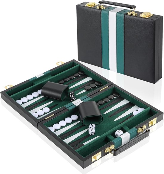 CLVP® Backgammon Koffer – Lederen Bordspel – Reisspel - Zwart met groen