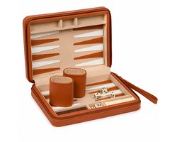 Backgammon Spel in Luxe Leren Etui – Compleet Reisspel met Speelstenen, Dobbelstenen & Bekers – Bruin Draagbaar Backgammon Bordspel voor Thuis, Vakantie & Cadeau – Cognac