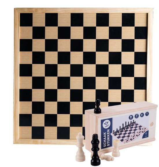 Angel Sports Houten schaakbord/dambord van 40 x 40 cm - met 32x stuks schaakstukken - in opbergkistje - Schaakspellen