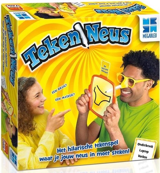 Megableu TekenNeus - Hilarisch Tekenspel voor de Hele Familie - Met Bril en Uitwisbaar Bord - Familiespel Vanaf 7 Jaar - Origineel Gezelschapsspel