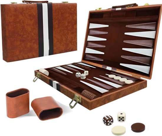 HEZIVO® Backgammon Koffer - Klassiek Bordspel - Voor 2 Spelers - Schaakstukken en Dobbelstenen