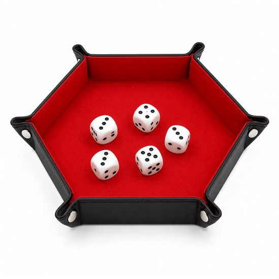 Dobbelsteenbak Opvouwbaar – Dice Tray met 5 Dobbelstenen – Dobbelbak voor Yahtzee, RPG, Bordspellen & Rollenspellen – Rood/Zwart – Hexagon