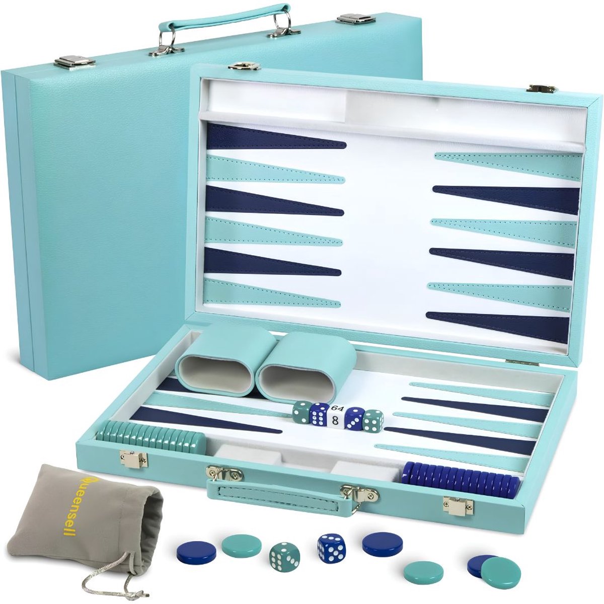 Backgammon Koffer — NIVA® Backgammon - Turkoois - 38cm x 8cm x 1cm - Luxe Reiseditie