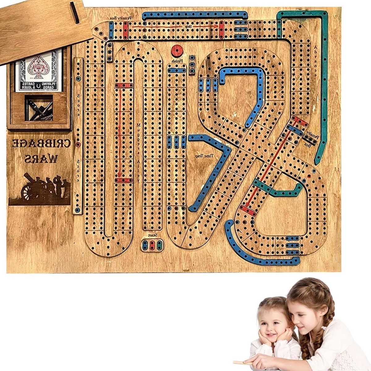 Nieuwe houten Cribbage Board Game Set met ingebouwde opbergvak voor kinderen - Cribbage Wars-bordspel speelgoed voor jongens van 6 7 8 jaar