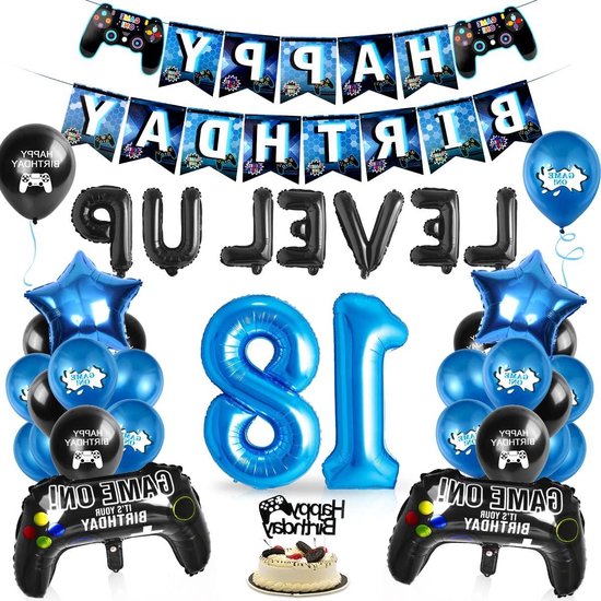 Verjaardags Decoratie Blauw Zwart Nummer 18 Folieballon 18e Verjaardag Spel Ballonnen Kind Feestje-Jongen