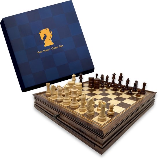 Ravendi Dominion – Luxe Handgemaakte Houten 2-in-1 Schaak- én Damspel Set – Walnoot- en Esdoornhout – Decoratief Schaakbord met Magnetische Schaak- en Damstukken – 30x30 cm – Schaken en Dammen – Schaakspel – Met Luxe Opbergsysteem – Ideaal cadeau