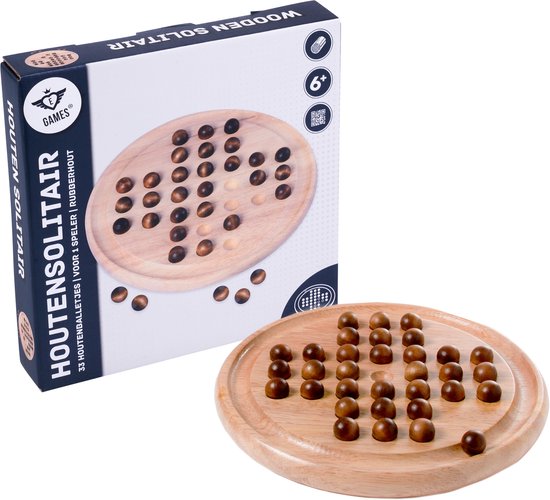 Solitair Houten Spel – Rubberhout met 33 Houten Balletjes – Diameter 23 cm – Klassiek Strategisch Bordspel – Engelhart