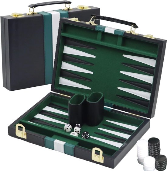 Reisspel Set — CLVP® Backgammon Koffer - Draagbaar –Zwart en groen - Luxe Backgammon Set - Lederen Bordspel