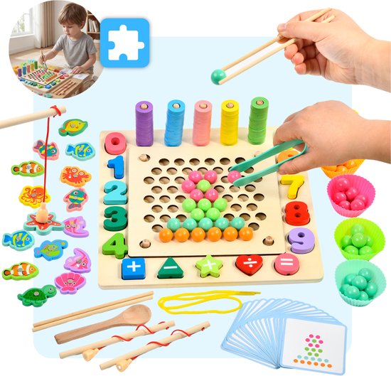 Mauzek® Montessori Bord – 178-delig – Activiteitenbord – Visspel – Sorteerspel – Cijfers – Houten Speelgoed – Activity Board – Magneet Spel – Sensorisch Speelgoed – Peuter Speelgoed – Jongens – Meisjes – 3 jaar – 4 jaar – 5 jaar – 6 jaar