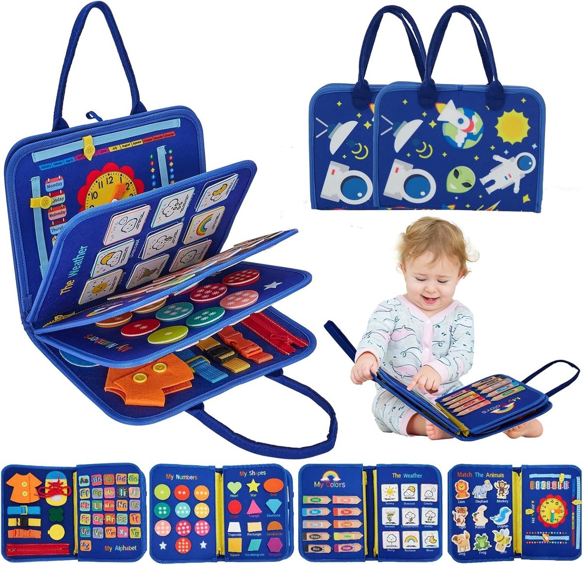 COOAU - 12-in-1 Peuter Busy Binder & Busy Book - Montessori Activiteitenboek voor Kinderen 1-4 Jaar - Educatief Speelgoed voor 2-3 Jaar - Boeiend & Interactief Leren - Ontwikkelt Fijne Motoriek, Cognitie & Creativiteit - Blauw