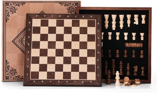 Schaakstenen - Walnoot Bruin - 30 x 30 x 5,5 cm - Houten 2-in-1 Schaak- en Damspel - Voor Volwassenen en Kinderen