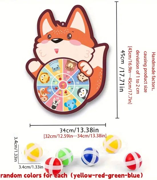 Vos Kleefbal Dartbord Set – Inclusief 6 Kleefballen – Leuk Mikspel voor Kinderen – Indoor & Outdoor Speelgoed – Educatief Bordspel – Veilig voor Peuters en Kleuters – Cadeau voor 3 Jaar en Ouder