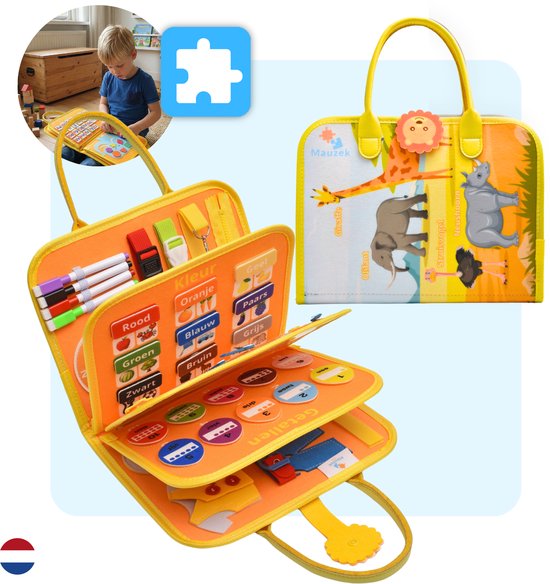Mauzek® Busy Board Savanne - Nederlands - Montessori Speelgoed - Activiteitenboek - Doeboek - Reisspeelgoed - Peuter Speelgoed - Jongens - Meisjes - Busy Book - Speelgoed voor onderweg - Speelgoed voor in de auto - 3 Jaar - 4 jaar - 5 jaar - 6 jaar