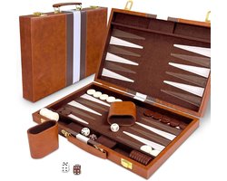 CLVP® Backgammon Koffer – Luxe Backgammon Set – Lederen Bordspel – Reisspel Set - Draagbaar –Bruin
