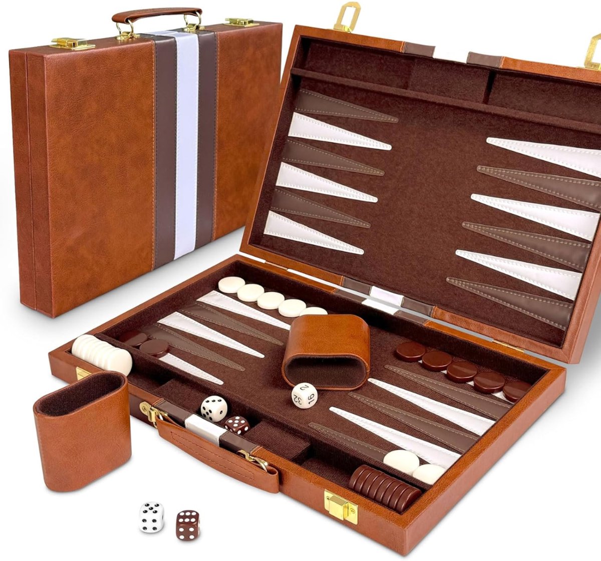 Draagbaar –Bruin — CLVP® Backgammon Koffer - Luxe Backgammon Set - Lederen Bordspel - Reisspel Set