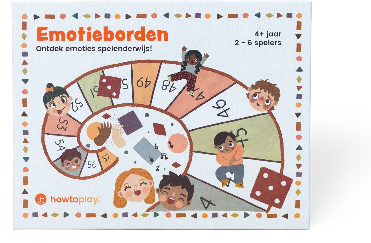Howtoplay® Emotieborden-Bordspel-speels bordspel door Howtotalk® dat jonge kinderen helpt om emoties te herkennen, benoemen en uiten. Ganzenborden maar dan met emoties! Door Howtoplay®: van de makers van How2talk2kids en Howtotalk
