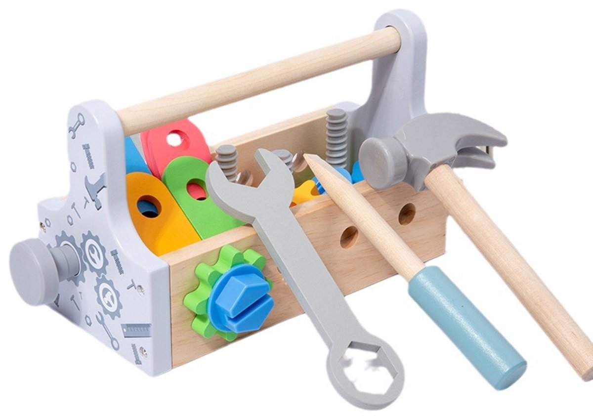 Kerstspeelgoed voor kinderen: draagbare gereedschapsmand, simulatiespel voor het in elkaar zetten van moeren, educatief en praktisch houten oefenspeelgoed.