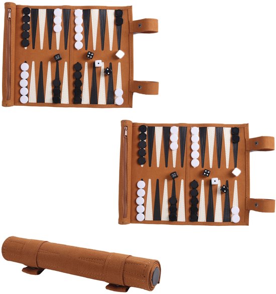 2-stuks Backgammon - Backgammonspelset - Backgammonspel - Oprolbaar bord - Opvouwbaar - Lichtgewicht en draagbaar - Bordspel - 35,5*25cm - Geschikt voor camperreizen, cruisereizen, vliegreizen, kamperen, backpacken, roadtrips - Bruin